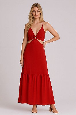 VESTIDO LONGO CREPE DECOTE V COM ARGOLA AMARRAÇÃO NAS COSTAS SAIA LISA VERMELHO