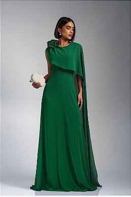 VESTIDO LONGO CHIFFON COM CAPA DETALHE FLOR NO OMBRO SAIA LISA VERDE ESMERALDA