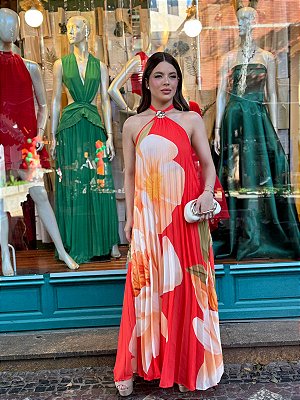 VESTIDO LONGO CREPE SEDA FRENTE ÚNICA PLISSADO ESTAMPADO