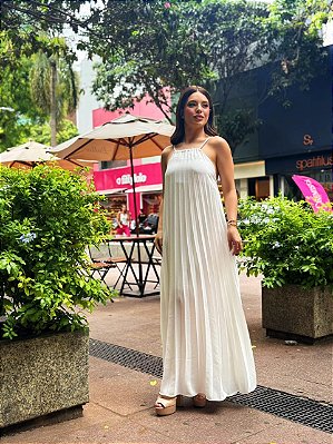 VESTIDO LONGO CREPE SEDA FRENTE ÚNICA PLISSADO BRANCO