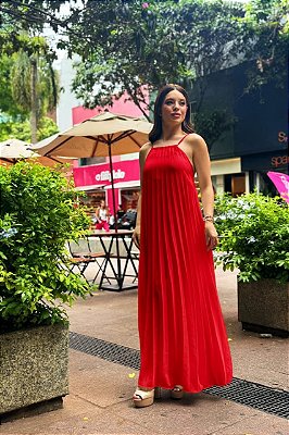 VESTIDO LONGO CREPE SEDA FRENTE ÚNICA PLISSADO VERMELHO