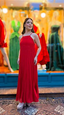 VESTIDO LONGO CREPE SEDA FRENTE ÚNICA PLISSADO VERMELHO