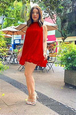 VESTIDO CHIFFON CURTO COM BABADOS NA BARRA VERMELHO