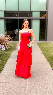 VESTIDO LONGO ALCINHA BABADO TRÊS MARIAS COM AMARRAÇÃO NAS COSTAS VERMELHO
