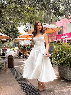 VESTIDO MIDI ALCINHA MODELO CORPETE E SAIA LISA BRANCO
