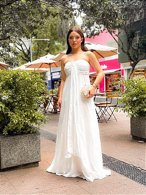 VESTIDO CHIFFON TOMARA QUE CAIA BUSTO DRAPEADO COM FITA LONGA BRANCO