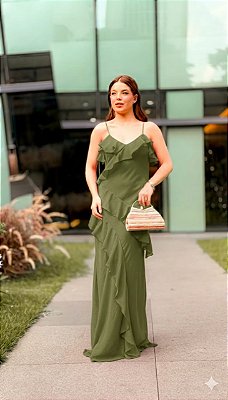 VESTIDO LONGO CHIFFON DE ALCINHA COM BABADOS VERDE OLIVA