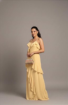 VESTIDO LONGO CHIFFON DE ALCINHA COM BABADOS AMARELO