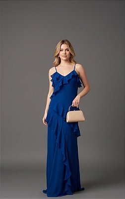 VESTIDO LONGO CHIFFON DE ALCINHA COM BABADOS AZUL ROYAL