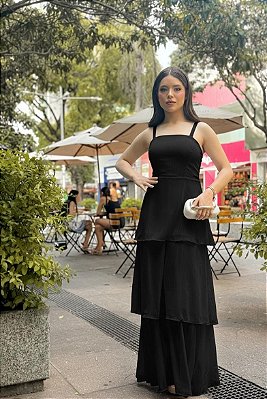 VESTIDO LONGO ALCINHA BABADO TRÊS MARIAS COM LASTEX NAS COSTAS PRETO