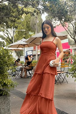 VESTIDO LONGO ALCINHA BABADO TRÊS MARIAS COM  LASTEX  NAS COSTAS TERRACOTA