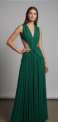 VESTIDO CHIFFON COSTAS NUAS COM DETALHE BABADO NA CINTURA SAIA PLISSADA VERDE