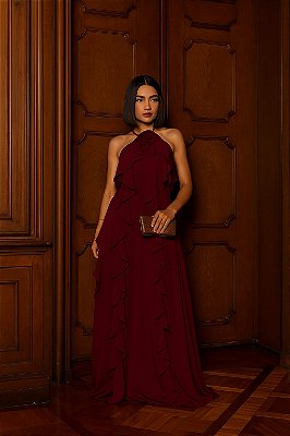 VESTIDO LONGO CHIFFON FRENTE ÚNICA COM BABADOS VERTICAIS E DETALHE FLOR  MARSALA