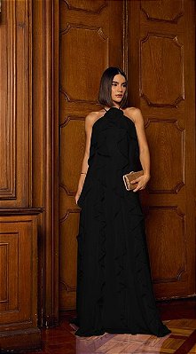 VESTIDO LONGO CHIFFON FRENTE ÚNICA COM BABADOS VERTICAIS E DETALHE FLOR PRETO