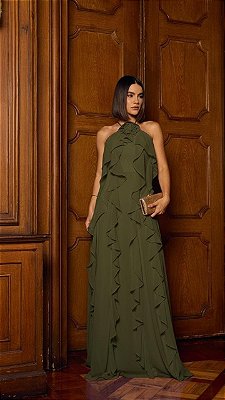 VESTIDO LONGO CHIFFON FRENTE ÚNICA COM BABADOS VERTICAIS E DETALHE FLOR  VERDE OLIVA