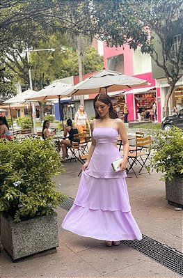 VESTIDO LONGO ALCINHA BABADO TRÊS MARIAS COM AMARRAÇÃO NAS COSTAS LILÁS