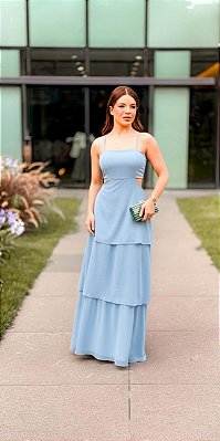 VESTIDO LONGO ALCINHA BABADO TRÊS MARIAS COM AMARRAÇÃO NAS COSTAS AZUL SERENITY