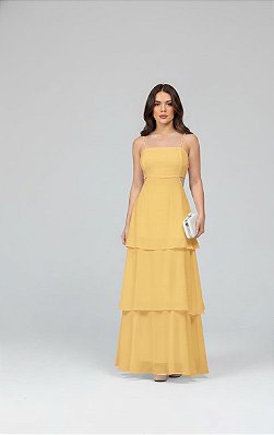 VESTIDO LONGO ALCINHA BABADO TRÊS MARIAS COM AMARRAÇÃO NAS COSTAS AMARELO