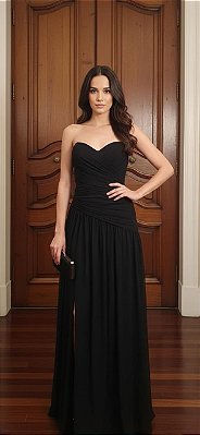 VESTIDO TOMARA QUE CAIA MICROTULE DRAPEADO NA LATERAL TRANSPASSADO NAS COSTAS PRETO