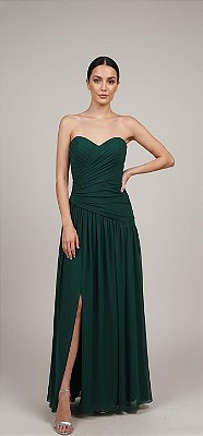 VESTIDO TOMARA QUE CAIA MICROTULE DRAPEADO NA LATERAL TRANSPASSADO NAS COSTAS VERDE ESMERALDA