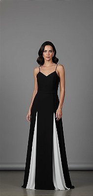 VESTIDO LONGO CHIFFON ALCINHA DECOTE V COM SAIA DESTALHES BRANCOS PRETO