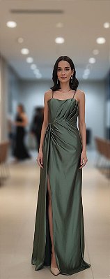 VESTIDO LONGO PRADA ALCINHA BUSTO DRAPEADO COM FENDA E CAUDA LATERAL VERDE OLIVA