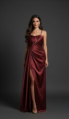 VESTIDO LONGO PRADA ALCINHA BUSTO DRAPEADO COM FENDA E CAUDA LATERAL MARSALA