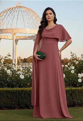 VESTIDO CREPE MANGA CAPA ACINTURADO SAIA LISA ROSA QUEIMADO