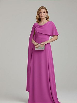 VESTIDO CREPE MANGA CAPA ACINTURADO SAIA LISA FUCSIA