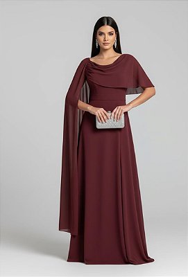 VESTIDO CREPE MANGA CAPA ACINTURADO SAIA LISA MARSALA