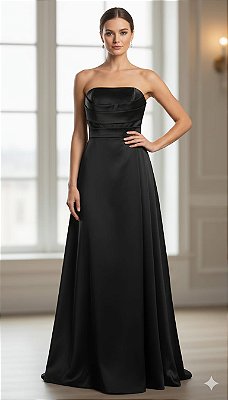 VESTIDO LONGO ZIBELINE TOMARA QUE CAIA PEITO DRAPEADO COM FENDA DETALHE ABAIXO DO BUSTO PRETO