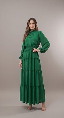 VESTIDO LONGO CHIFFON GOLA ALTA COM MANGA SAIA EM CAMADAS VERDE ESMERALDA