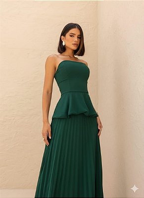 VESTIDO LONGO DECOTE CORAÇÃO COM RECORTE NA CINTURA DETALHE BABADO PEPLUM E SAIA PLISSADA VERDE ESMERALDA