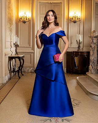VESTIDO LONGO ZIBELINE  OMBRO A OMBRO DECOTE ESTRUTURADO SAIA SOBREPOSIÇÃO E RECORTE ASSIMÉTRICO AZUL ROYAL