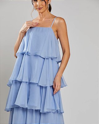 VESTIDO LONGO CHIFFON CAMADAS SOBREPOSTAS 2 EM 1 LONGO E CURTO AZUL SERENITY