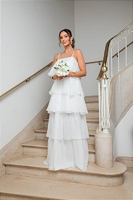 VESTIDO LONGO CHIFFON CAMADAS SOBREPOSTAS 2 EM 1 LONGO E CURTO BRANCO