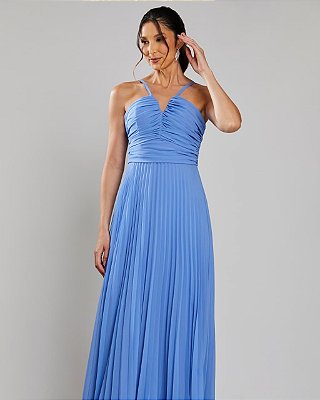 VESTIDO LONGO  ALCINHA E DECOTE V COM DETALHE  DRAPEADO E SAIA PLISSADA AZUL SERENITY