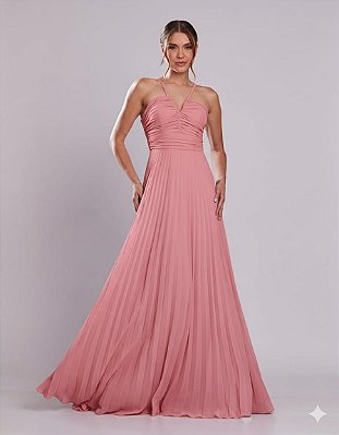 VESTIDO LONGO  ALCINHA E DECOTE V COM DETALHE  DRAPEADO E SAIA PLISSADA  ROSA