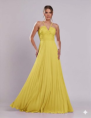 VESTIDO LONGO  ALCINHA E DECOTE V COM DETALHE  DRAPEADO E SAIA PLISSADA  AMARELO