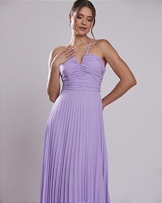 VESTIDO LONGO  ALCINHA E DECOTE V COM DETALHE  DRAPEADO E SAIA PLISSADA  LILÁS