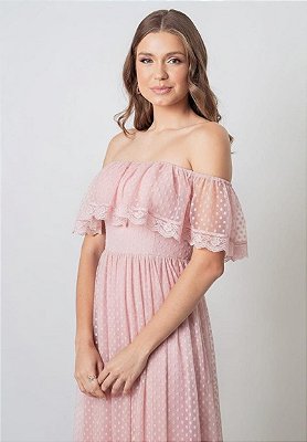 VESTIDO LONGO TULE POÁ OMBRO A OMBRO ROSE