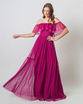 VESTIDO LONGO TULE POÁ OMBRO A OMBRO FUCSIA