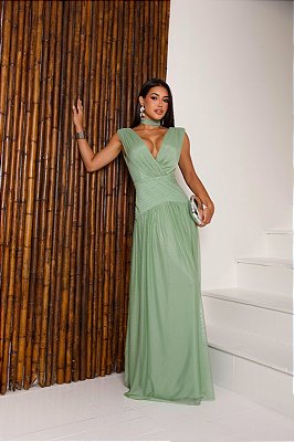 VESTIDO LONGO MICROTULE COM DECOTE V ACINTURADO VERDE MENTA