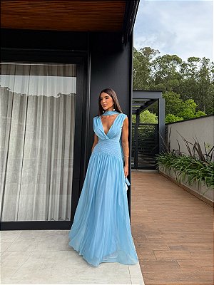 VESTIDO LONGO MICROTULE COM DECOTE V ACINTURADO AZUL SERENITY