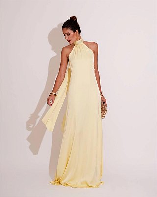 VESTIDO LONGO GOLA ALTA SEDA COM AMARRAÇÃO COSTA NUA AMARELO MANTEIGA