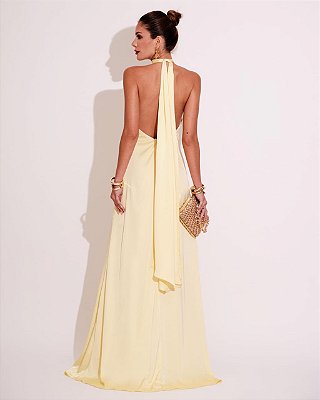 VESTIDO LONGO GOLA ALTA SEDA COM AMARRAÇÃO COSTA NUA AMARELO MANTEIGA