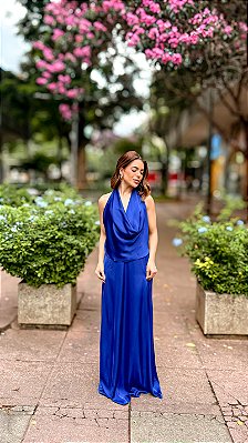 VESTIDO LONGO GOLA BOBA SEDA AZUL ROYAL