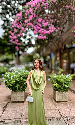 VESTIDO LONGO GOLA BOBA SEDA VERDE PISTACHE