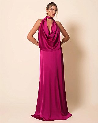 VESTIDO LONGO SEDA GOLA BOBA FUCSIA