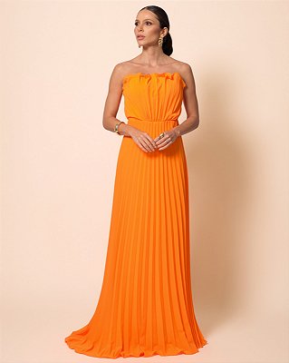 VESTIDO LONGO PLISSADO TOMARA QUE CAIA COSTAS NUA LARANJA
